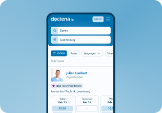 Doctena search results on a phone — Dr Julien Lambert profile with available slots